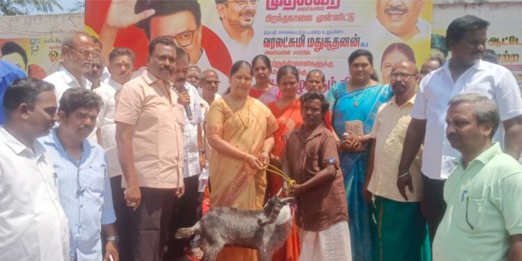 மாற்றுத்திறனாளிகளுக்கு இலவச ஆடுகள் வழங்கிய எம்.எல்.ஏ